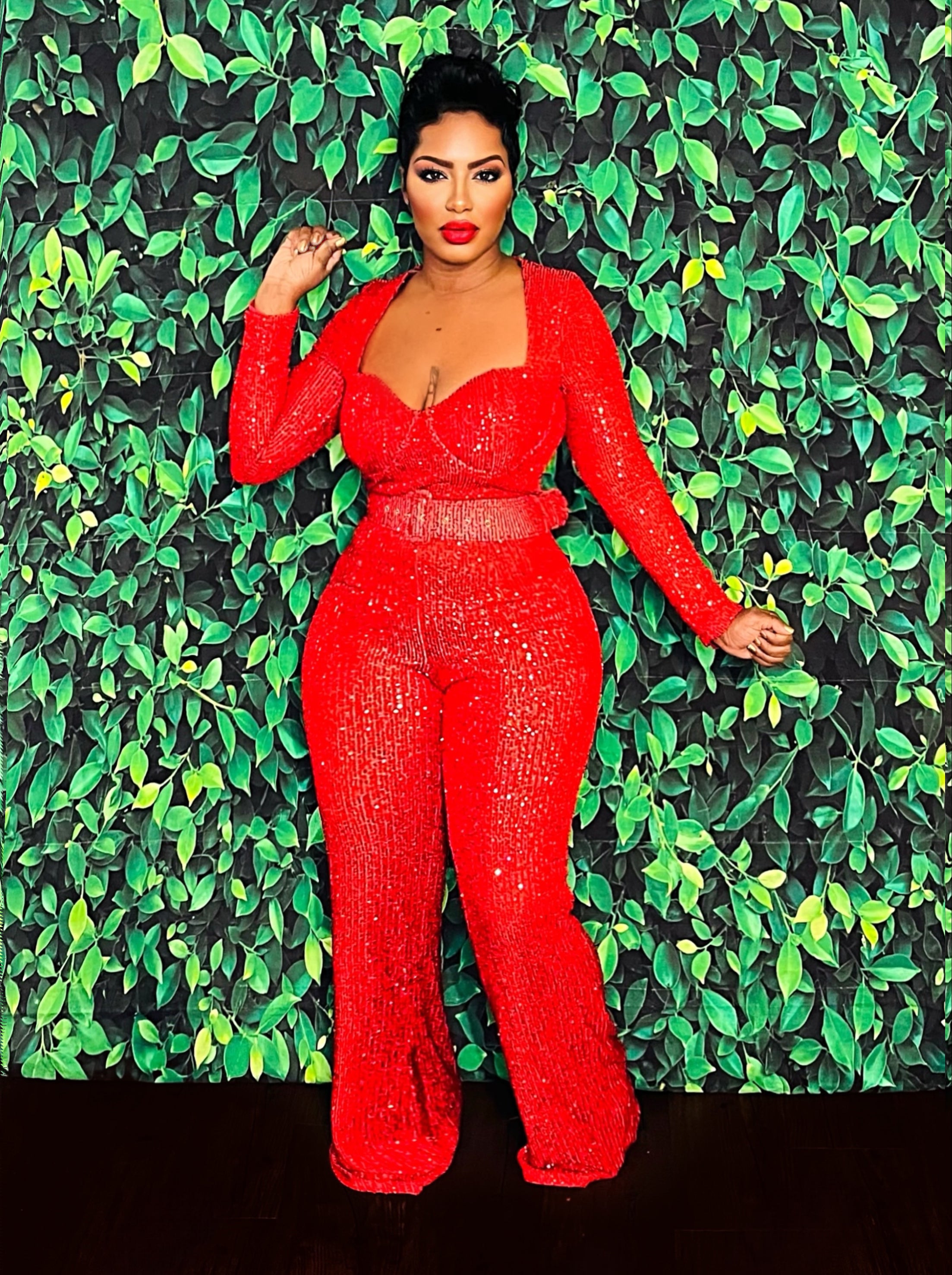 Red sequin jumpsuit plus top size