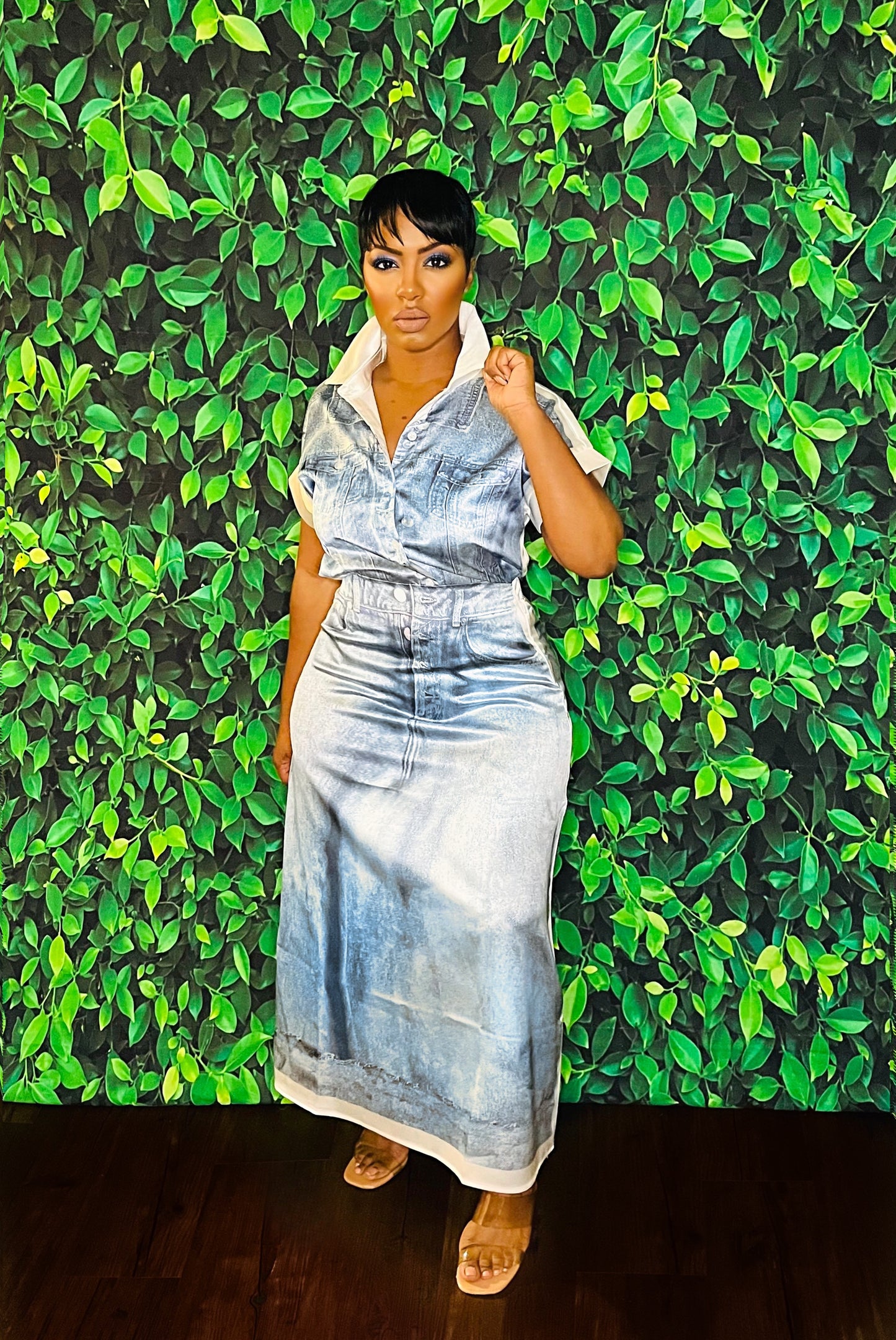 Denim & Silk Skirt Set