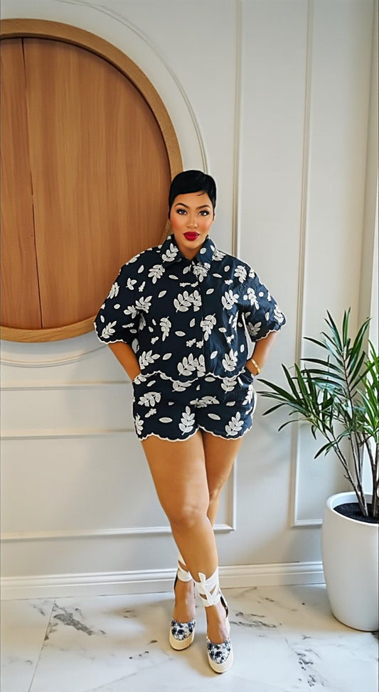 Navy Leaves Short Set
