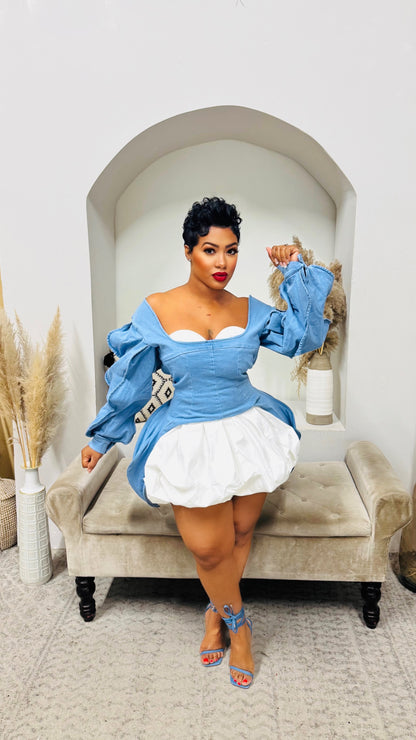 Denim Empire Puff Dress