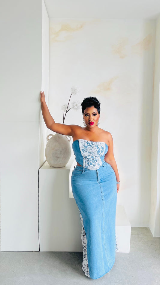 Laced In Denim Skirt Set