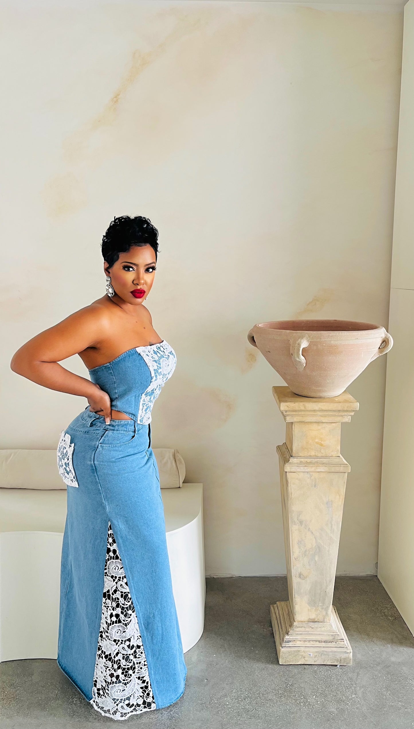 Laced In Denim Skirt Set