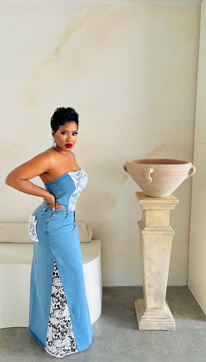 Laced In Denim Skirt Set