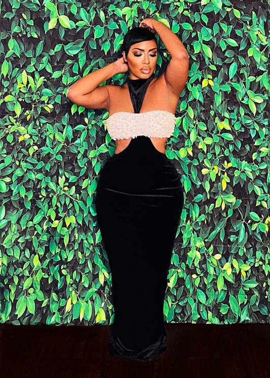 Pearled Velvet Maxi Dress