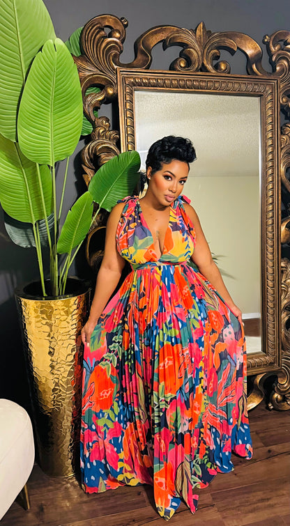 Tropical Fest Pleated Maxi Dress