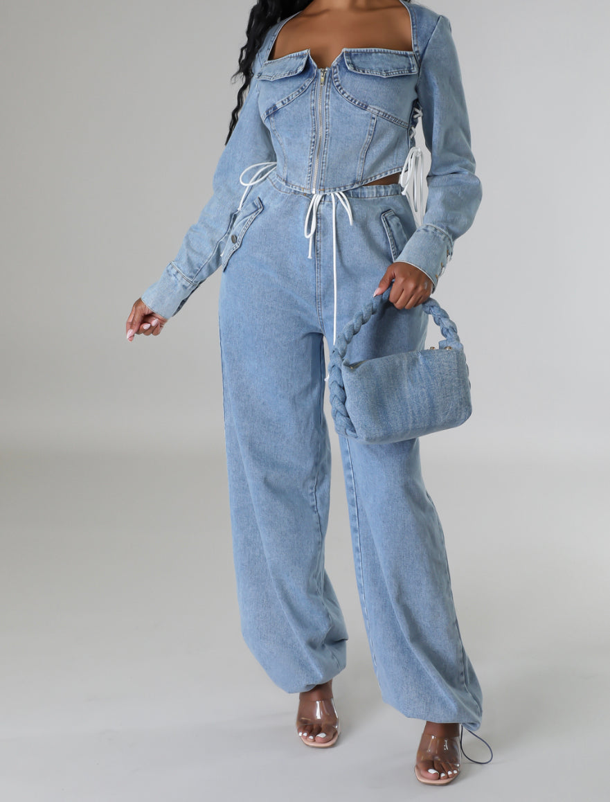 Strap Up Denim Pant Set