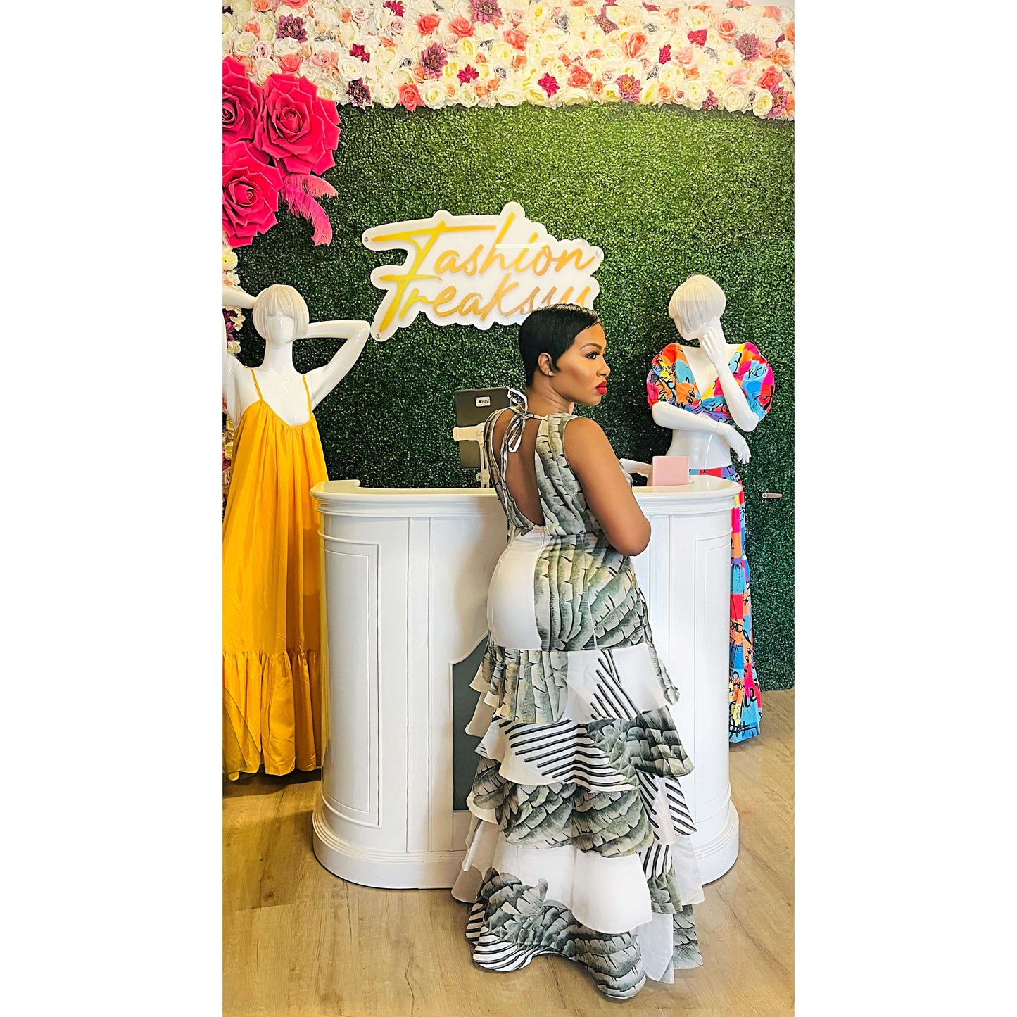 Silk Palm Ruffle Dress